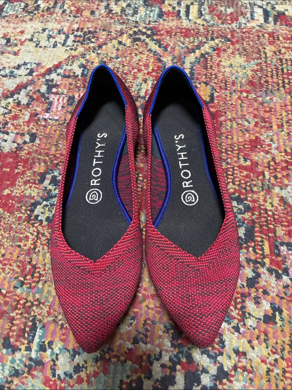 Rothy's Women's Pointed Knit Flat - Red with Blue Trim